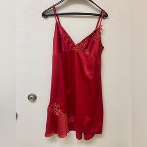 RED SATIN Coquettish Appliquéd Slip Dress (M)